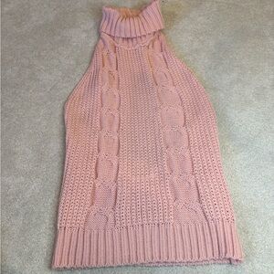 Pink Handmade Crochet Knit Halter Open Back Turtle Neck Top Size M
